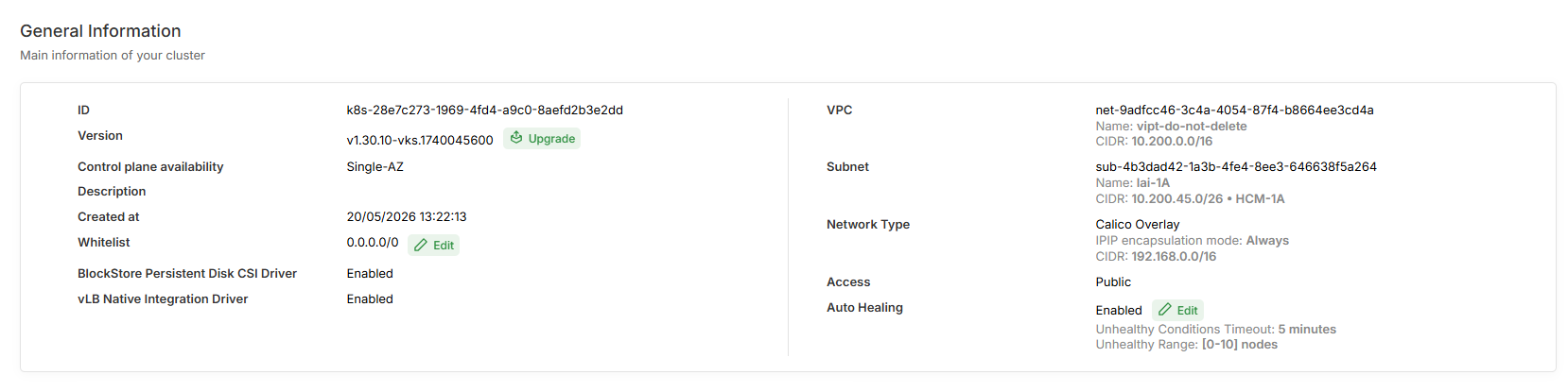 Cluster detail page showing Auto Healing row with Edit button