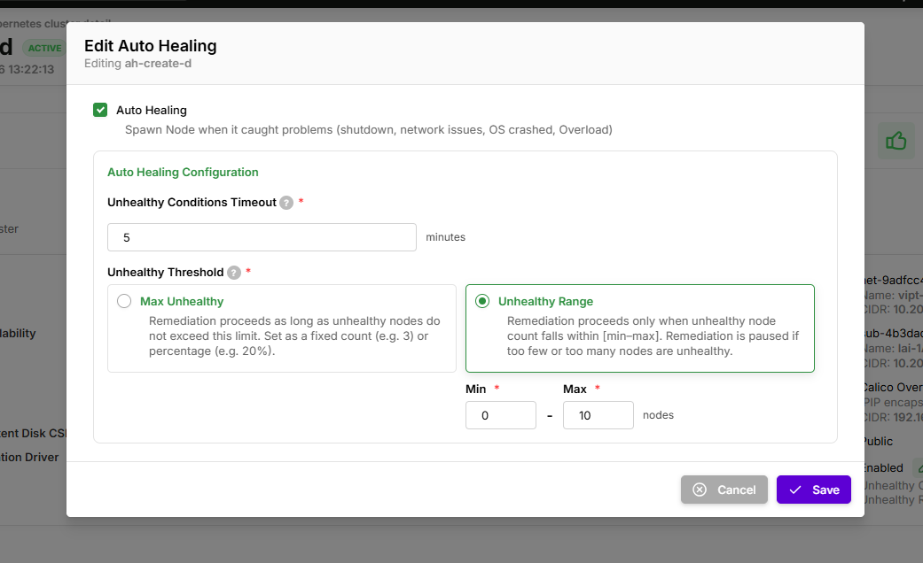 Edit Auto Healing dialog