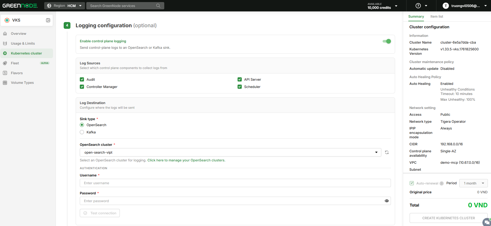 Bước Logging configuration khi tạo Cluster